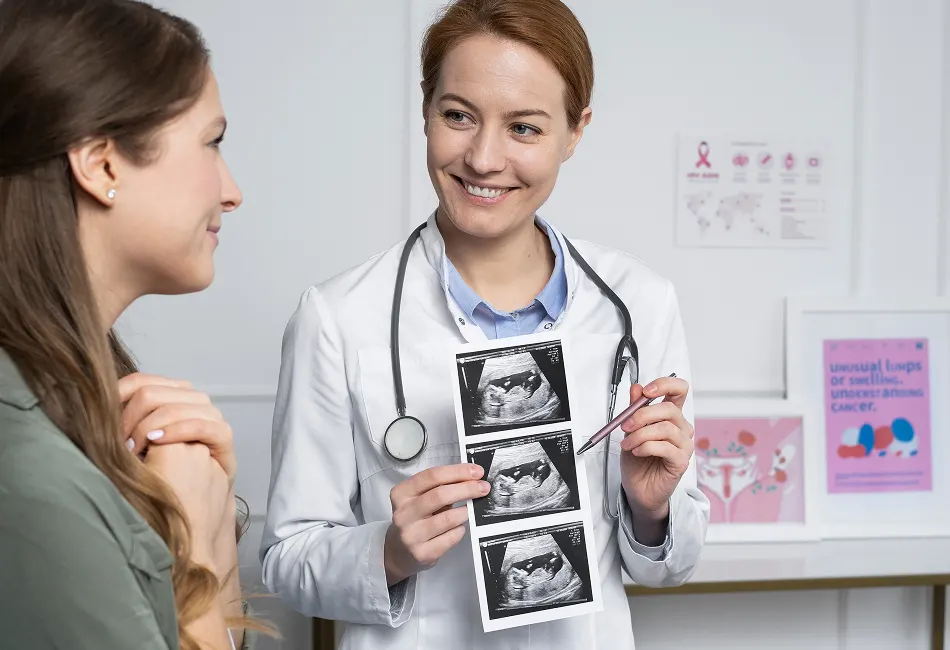 medium shot smiley doctor explaining ultrasounds
